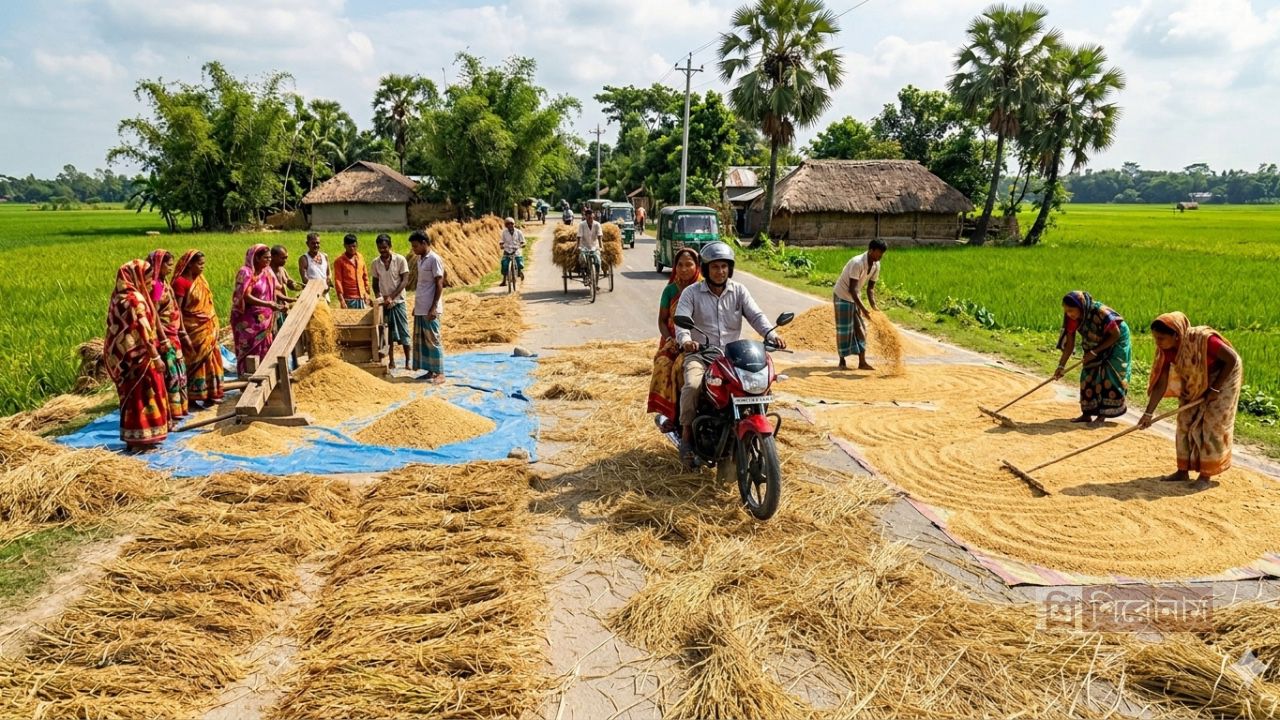 সড়কজুড়ে ধান-খড় শুকানো, বাড়ছে দুর্ঘটনার শঙ্কা